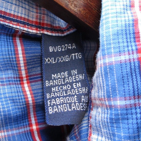 Wrangler Shirt Adult 2XL XXL Pearl Snap Blue Red Tartan Plaid Mens Button Down - Picture 5 of 13